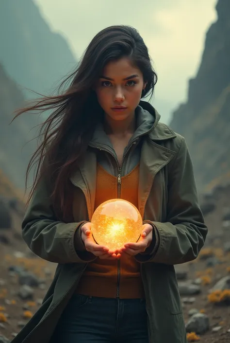 A young woman in a post-apocalyptic landscape, determined expression, holding a glowing orb in her hands, epic sci-fi atmosphere, cinematic lighting, muted color palette, (best quality,4k,8k,highres,masterpiece:1.2),ultra-detailed,(realistic,photorealistic...