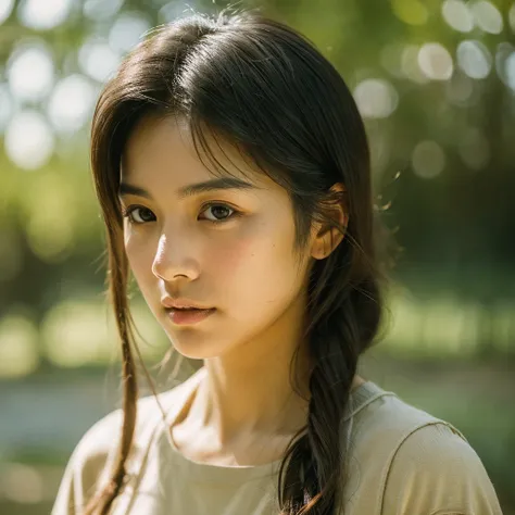 A hyper-realistic image of a single Japanese woman in her early 20s, captured with the nostalgic warmth and subtle graininess of a film camera. Her skin has a warm beige tone with a natural, slightly rough texture that includes visible pores, fine lines, a...