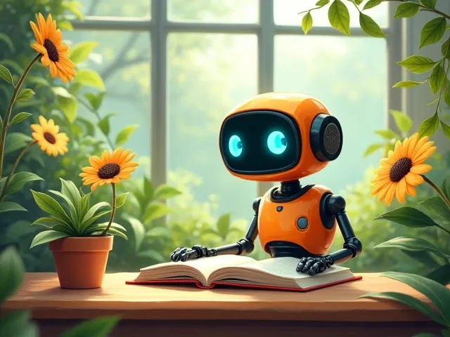 A classroom in harmony with nature, Book Model, manual, Cute robot studying on a book, Illustrator