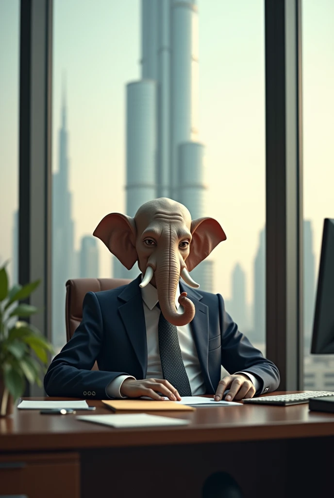 Lord ganesha working in office on the back side Burj Khalifa  with last same image looking at camera with smile with having suit and tie with same image