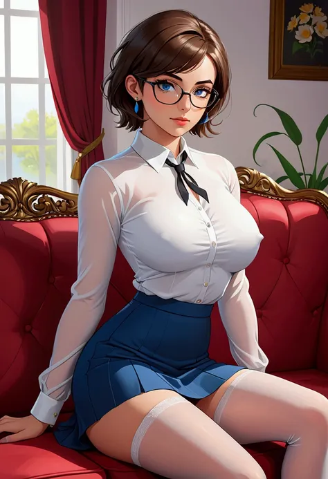 20 years old woman, Short brown hair, Méditerranéenne aux blue eye, Generous and heavy breasts, slender waist, estomac defini, fesses rebondies et pulpeuses, naturally curved, muscular thighs, aguicheuse, sitting on a sofa , mini skirt and white transparen...