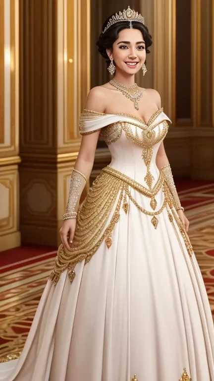 A queen in an elegant dress, off shoulders, crown, necklaces, earings, at the palace, see and smile to the camera, ((ultra hd)), ((real skin texture)), 