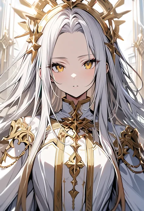 best quality, masterpiece,white hair, gold eyes,white holy clothes, upper body,hair strand,Fair skin, long hair, forehead, girl, front face, 