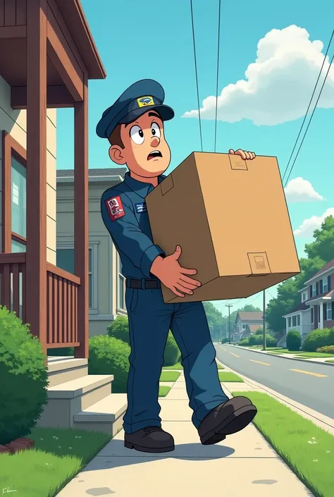 Create anime imagine of postman that his face look so tired of his job delivery big mastery box to the normal america house 