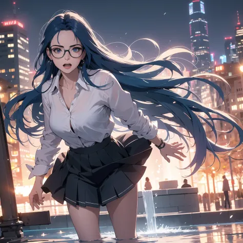 1 woman, long blue hair, glasses, surprised expression,  (flying in the wind), holding down skirt, overhead view, fountain in park, best quality, 4k, 8k, highres, masterpiece:1.2, ultra-detailed, realistic, photorealistic, photo-realistic:1.37, HDR, UHD, s...