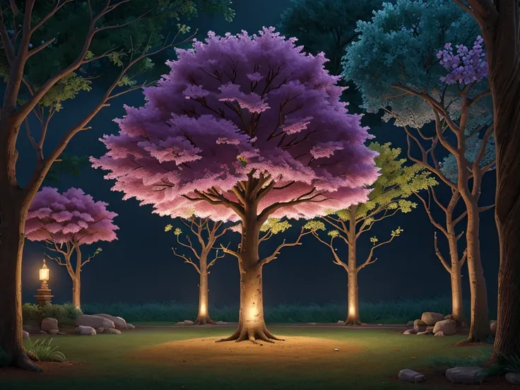 Trees with twisted branches, glowing flowers, and a mystical atmosphere fill the scene.