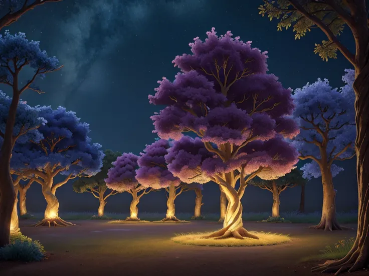 Trees with twisted branches, glowing flowers, and a mystical atmosphere fill the scene.