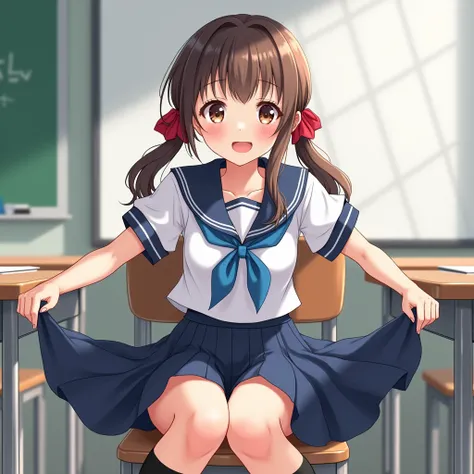 anime style,
1girl, 16yo, (opposite facing chairs, sitting backwards, put own arms on back of chair), smile,
white school uniform, serafuku, short sleeve, navy-blue sailor collar with blue ribbon,
navy-blue skirt, skirt up,
black high socks, small chest, s...