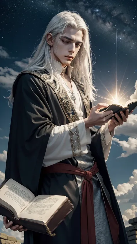 
Exorcising evil spirits in ancient ruins１７A wise young man about his age、Neutral boy、
White hair and sky blue mesh hair、Waist-length hair、Loose Waves、side hair、Tie it to the back with a green string、From the waist up、Eyes of seven colors、Looking sadly at ...