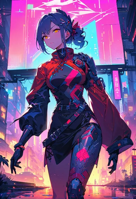 (best quality), (ultrafein), (​masterpiece), Illustration, a girl,China-Costume,cyberpunk, （cyberpunk，China-Costume，Cybernetic implants），Hair Accessories, bright colours，dynamic lighting，neon lights，shining city skyline，holographic projection，Fashionable c...