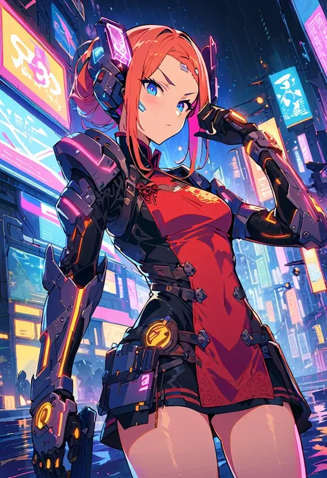 (best quality), (ultrafein), (​masterpiece), Illustration, a girl,China-Costume,cyberpunk, （cyberpunk，China-Costume，Cybernetic implants），Hair Accessories, bright colours，dynamic lighting，neon lights，shining city skyline，holographic projection，Fashionable c...