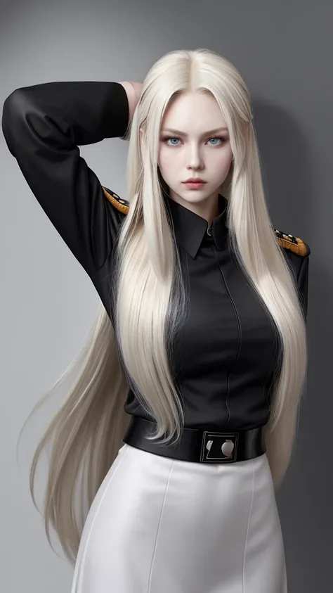 Tall and slender Russian beauty。Platinum blonde long hair tied behind her head。Wearing jet black military uniform。