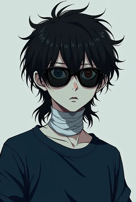 1 boy with black hair and a little bit long with a mullet, one blue eye and one brown eye and black sunglasses covering his eyes, baggy eyes, pale skin, navy blue sweatshirt, bandage on the neck and thin body