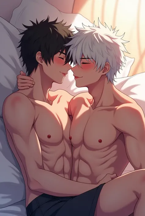 TWO MEN HAVING SEX GAY one with black hair and the other with white hair lying on the bed the one with white hair puts his penis in the one with black hair and blushes ANIME