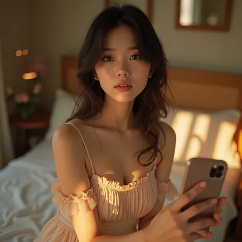 a beautiful girl in a summer dress, detailed face with beautiful eyes and lips, taking a selfie in her bedroom, high quality, photorealistic, realistic lighting, detailed background, warm colors, intricate details, cinematic composition, asian