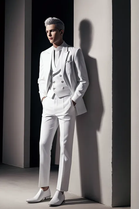 Handsome young man, white hair, full body, white suit, jeans 