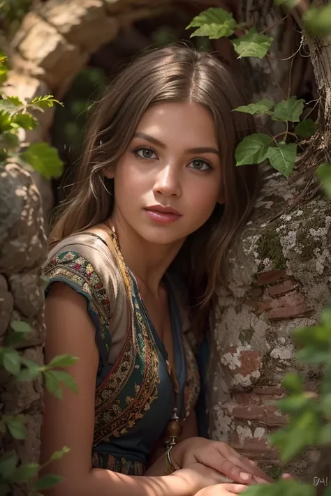 a photograph of a peasant girl, s1enna with brunette hair, set in a lush medieval village. she stands by an old stone well, her ...