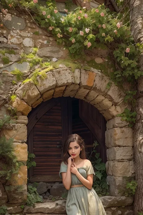 a photograph of a peasant girl, s1enna with brunette hair, set in a lush medieval village. she stands by an old stone well, her ...