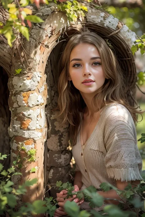 a photograph of a peasant girl, s1enna with brunette hair, set in a lush medieval village. she stands by an old stone well, her ...