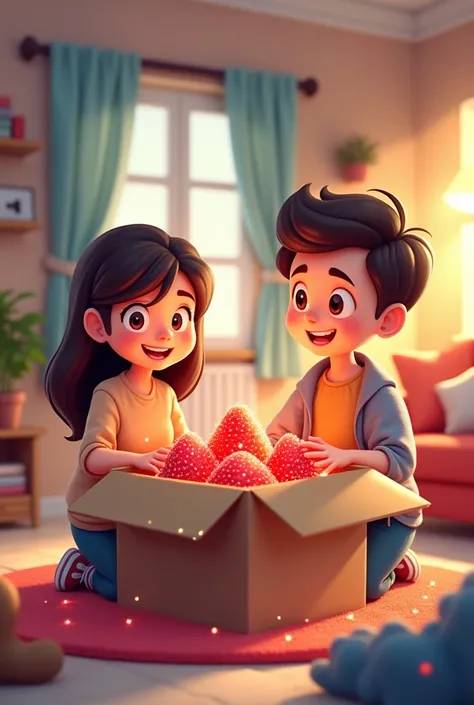 Create cartoon image of mother and father open the big mystery box inside the living room of the house and found a sparkle candy strawberry flavored inside.