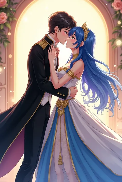 anime groom with an expensive black coat and gold lines on the sleeve, black dress pants, expensive white dress shoes. Expensive silver watch, silver wedding ring on the ring finger, shiny green eyes and neat black hair. Kissing beautiful anime bride in ex...