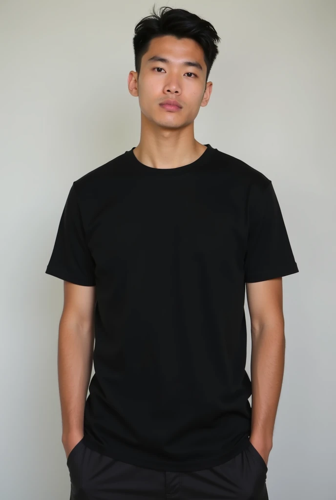 Create a common looking male model, wearing a simple black streetwear style t-shirt.