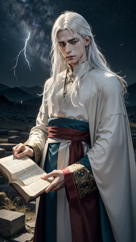 
Exorcising evil spirits in ancient ruins１７A wise young man about his age、Neutral boy、
White hair and sky blue mesh hair、Waist-length hair、Loose Waves、side hair、Tie it to the back with a green string、From the waist up、Eyes of seven colors、Looking sadly at ...