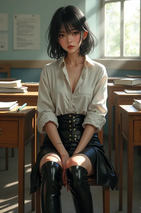 Young ugly student.
She is wearing an open white cotton shirt, une jupe en cuir noir avec boutons devant et des cuissardes à talons hauts.
Elle est assise à son bureau dans la classe de cours.