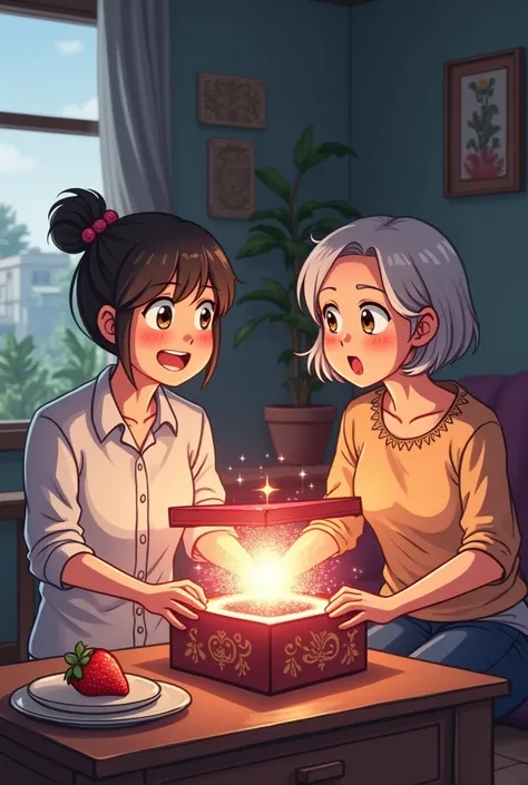 Create pixel art anime image of mother and father in the middle age open the big mystery box inside the living room of the house and found a sparkle candy strawberry flavored inside. They both look at the mystery box with the curious face.