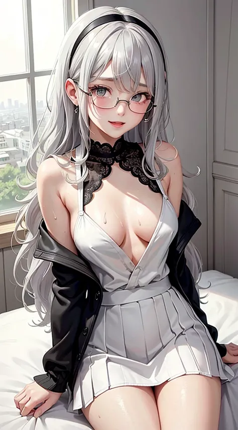 1Girl, Solo, Anime, Ideal body, down blouse, laced blouse, oversize, loose. (Small breast:1.1), (Hard nipples:1.1). Beautiful, Gorgeous, Fresh, Blunt Bangs, (White Grey Hair:1.5),(Straight and Wavy Long Hair:1.3), Jacket, camisole, casual, eyeglasses, mini...