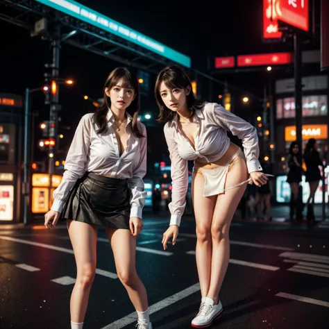 TopQuality 8K UltraDetailed Masterpiece(ProfessionalPHOTO:1.37), ExtremelyDetailed(Office Ladies), Gigantic Cleavage, Undressing ((pull down panties:1.28)) ((panty pull)) (wearing skirt:1.28), Dusk {((Shibuya Scramble Crossing)) | Large Screen | Unbuttoned...