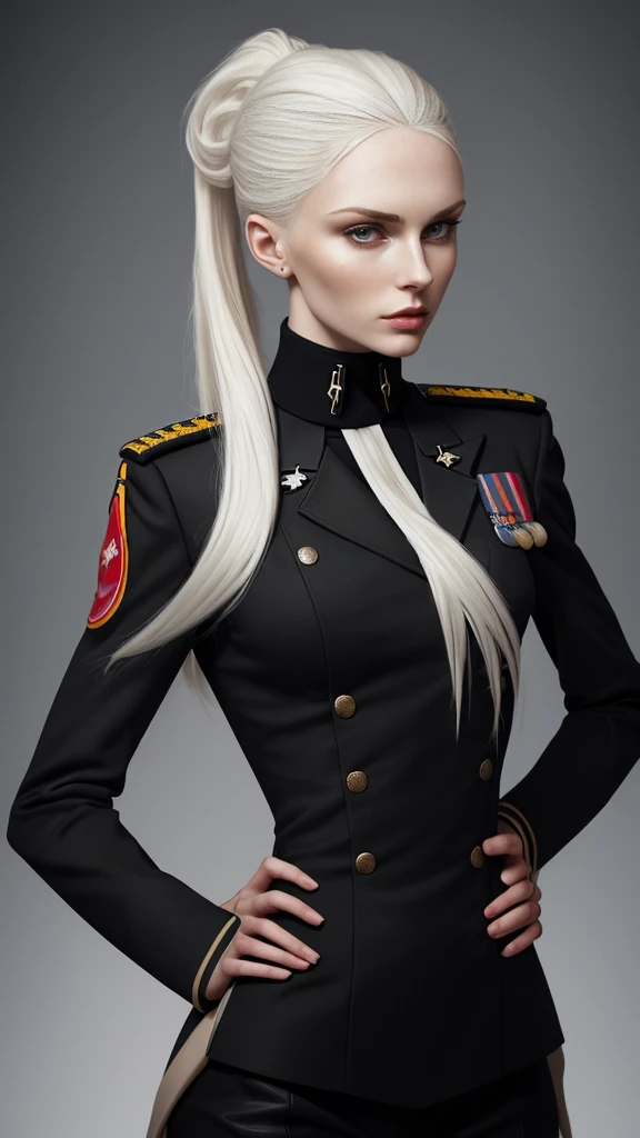 Tall and slender Russian beauty。2。Platinum blonde hair tied behind her head。Wearing jet black military uniform。