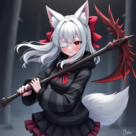 A girl waring black sweater with gray horizontal
stripes with black hood, caro skirt and have white long hair with red bow in, have white kitsune ears, white kitsune ears, A white fur bandage covers one eye holding a demon scythe