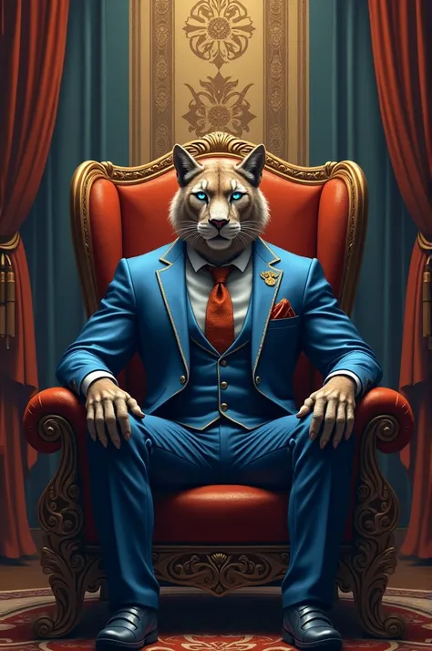 Mountain lion in blue suit sitting on the throne with Armenian symbols written above his head " LION " 