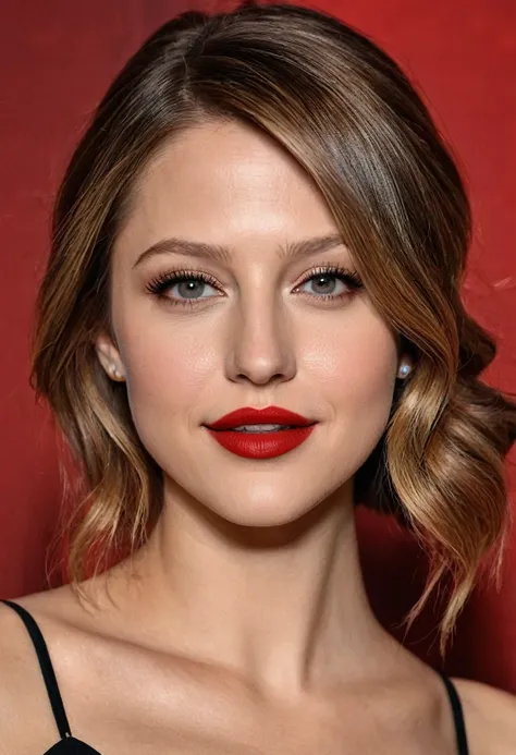 A waist-up portrait of a beautiful female whose facial features are a combination of Alexia Fast + Melissa Benoist. The female has lovely makeup on her face. The female wears red lipstick. Symmetrical eyes. Symmetrical face. Lovely details. Photorealistic....