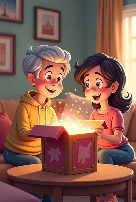 Create cartoon image of couple in their middle age open the big mystery box inside the living room of the house and found a sparkle candy strawberry flavored inside. They both look at the mystery box with the curious face.