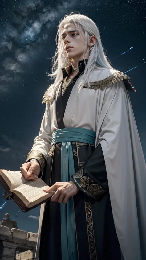 
Exorcising evil spirits in ancient ruins１７A wise young man about his age、Neutral boy、
White hair and sky blue mesh hair、Waist-length hair、Loose waves in black hair、side hair、Tie it to the back with a green string、From the waist up、Blue Eyes、Looking sadly ...