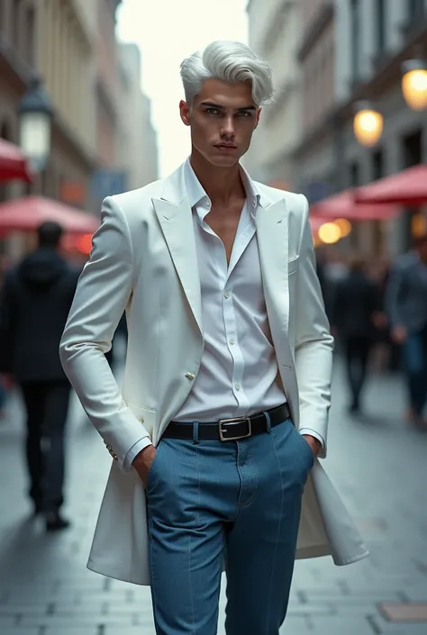 A strikingly handsome young man with snow-white hair stands tall, exuding an air of confidence and charm. He’s dressed in a sharp white suit, paired with a crisp white shirt that highlights his lean, athletic figure. The formality of his attire is balanced...