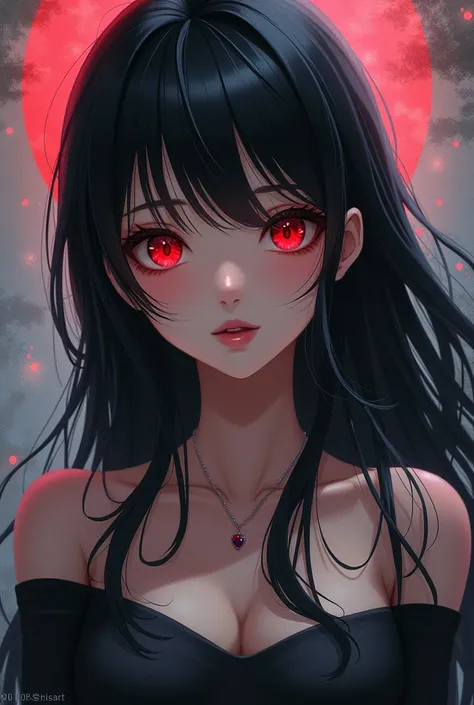 anime girl with red eyes and long black hair