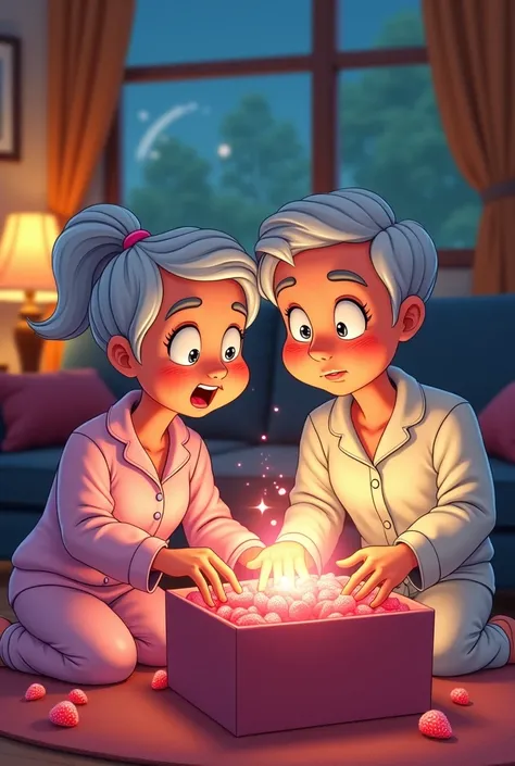 Create cartoon image of couple in their middle age wearing pajamas open the big mystery box inside the living room of the house and found a sparkle candy strawberry flavored inside. They both look at the mystery box with the curious face.