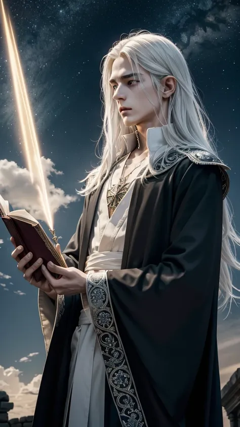 
Exorcising evil spirits in ancient ruins１７A wise young man about his age、Neutral boy、
White hair and sky blue mesh hair、Waist-length hair、Loose waves in black hair、side hair、Tie it to the back with a green string、From the waist up、Blue Eyes、Looking sadly ...