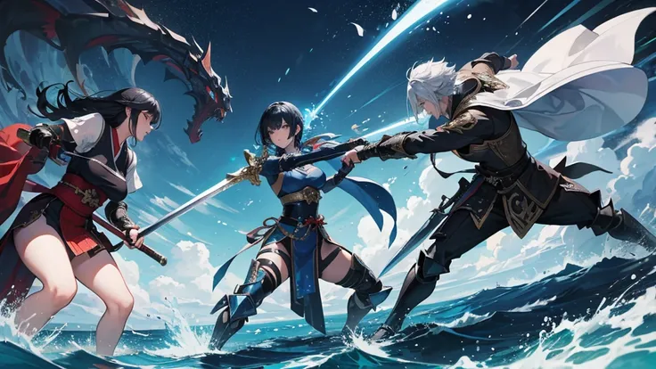 A battle scene between a female swordsman with bob hair and a blue jewel spear and a female swordsman with black hair and steel armor and a large sword.。Final Fantasy-esque tone and quality。There are two of them in the picture.、The battle is dynamic, speed...