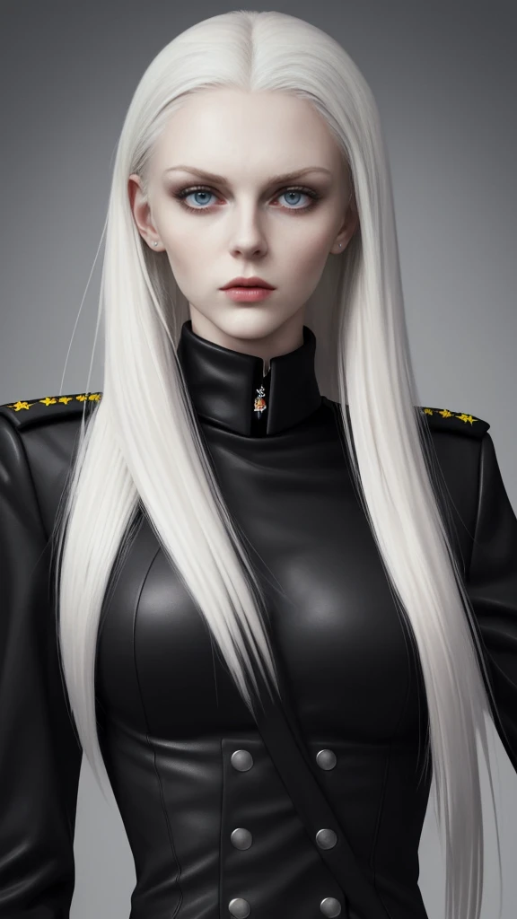 Tall and slender Russian beauty。2。Her platinum blonde hair is half-up。Expressionless and cold。The eyes are kind.。Wearing jet black military uniform。