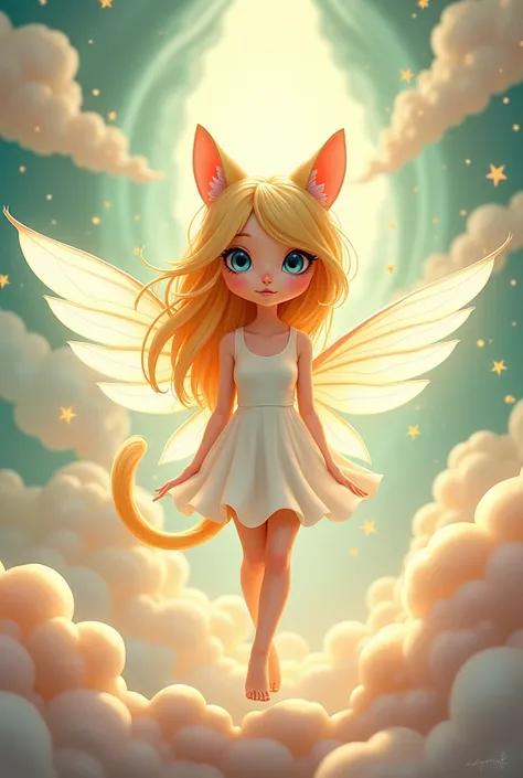 Blonde cartoon female character with cat eyes and white wings