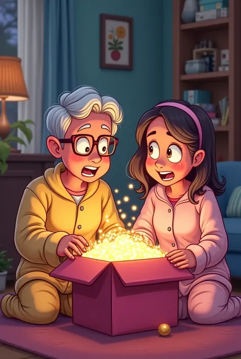 Create cartoon image of couple in their middle age wearing pajamas open the big mystery box inside the living room of the house and found a sparkle candy strawberry flavored inside. They both look at the mystery box with the curious face.