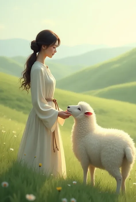 Woman nodding to a white sheep