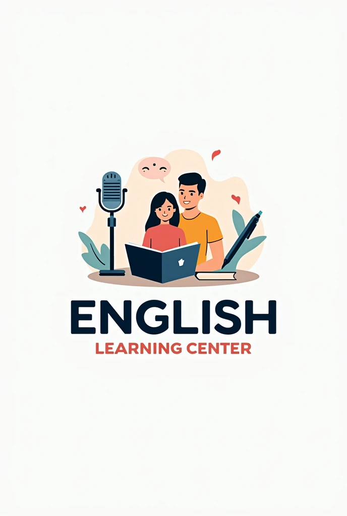 Logo for English spoken classes  with some voacbs,a student and a teacher mike and pen


