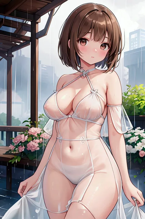 Photorealistic、Highest quality、Highest Resolution、Highest quality、16Ｋ、1 beautiful adult woman、Cute face、Delicate face、Bob cut hair、Ash brown hair color、Brown eyes、Delicate eyes、Beautiful Eyes、Beautiful breasts、Big Breasts、valley、one piece、Sexy pose、Dynamic...