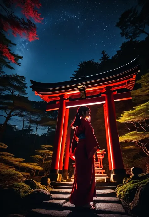 Dark aura,  Dynamic Angle, 8k, red, High resolution, Hiding in the shadows, At a Japanese shrine at night, Beautiful night sky, Forest in the background, Outdoor, whole body, detailed, Action pose, Dynamic Angle