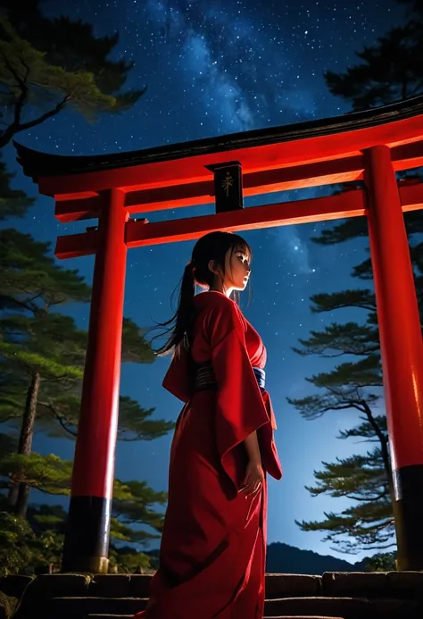 Dark aura,  Dynamic Angle, 8k, red, High resolution, Hiding in the shadows, At a Japanese shrine at night, Beautiful night sky, Forest in the background, Outdoor, whole body, detailed, Action pose, Dynamic Angle